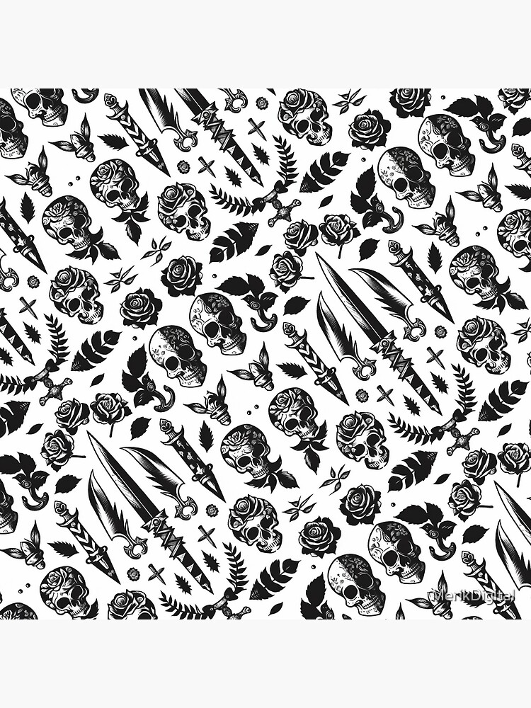 Black and White American Traditional Tattoo Design Pattern Throw