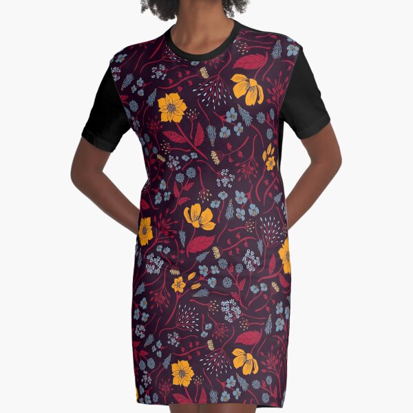 Mustard Yellow, Burgundy & Blue Floral Pattern Graphic T-Shirt Dress