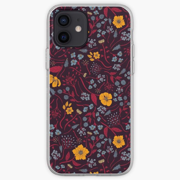 Mustard Yellow, Burgundy & Blue Floral Pattern iPhone Soft Case
