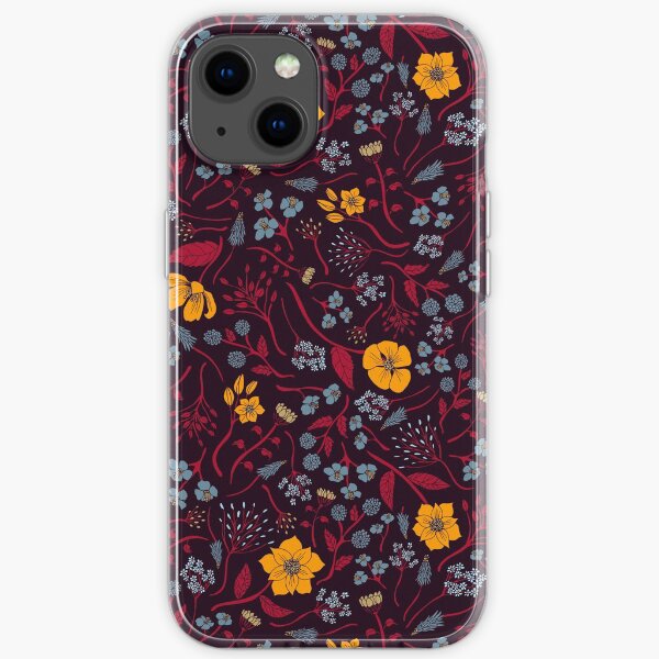Mustard Yellow, Burgundy & Blue Floral Pattern iPhone Soft Case