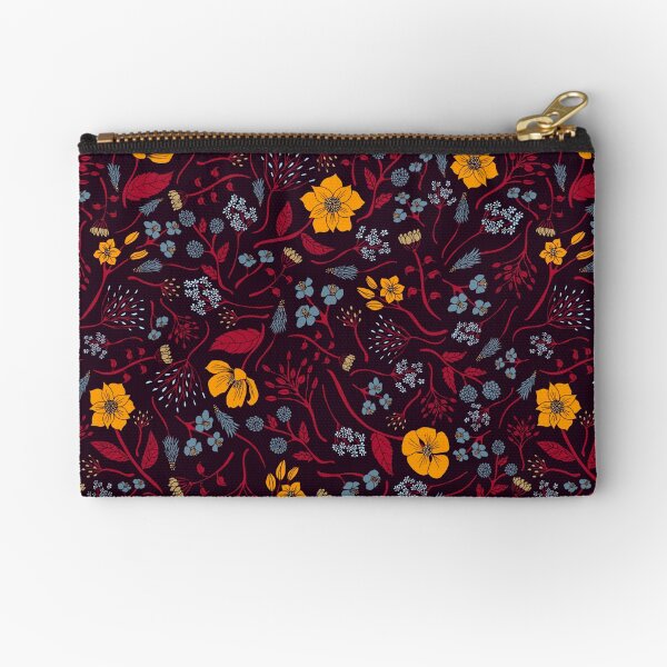 Mustard Yellow, Burgundy & Blue Floral Pattern Zipper Pouch