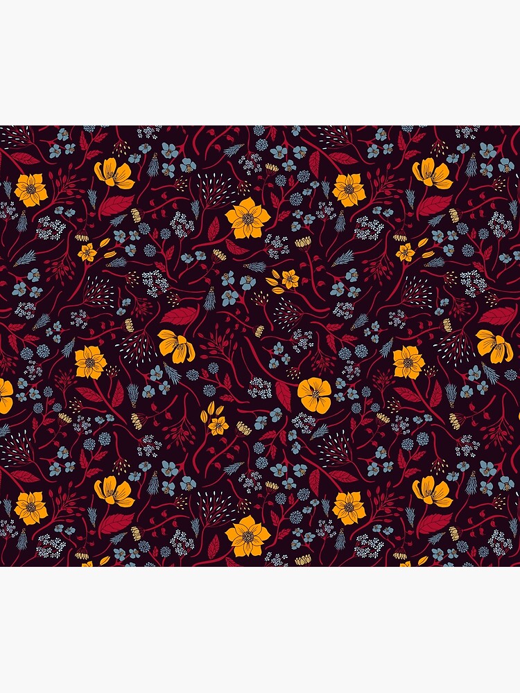 Mustard Yellow, Burgundy & Blue Floral Pattern by somecallmebeth