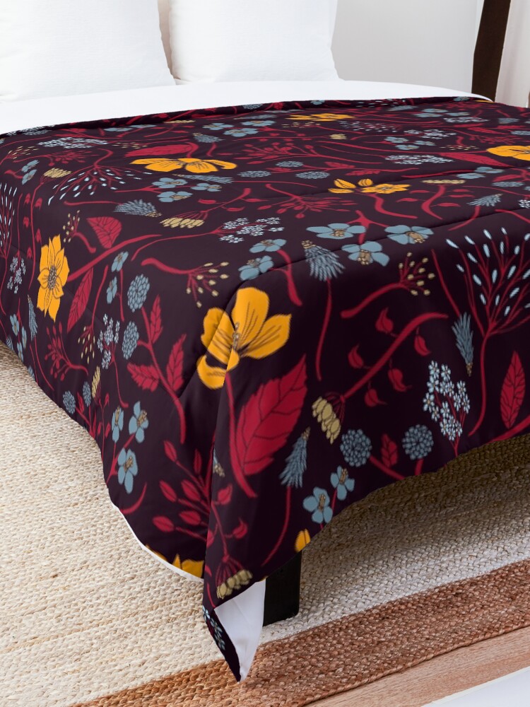 Alternate view of Mustard Yellow, Burgundy & Blue Floral Pattern Comforter