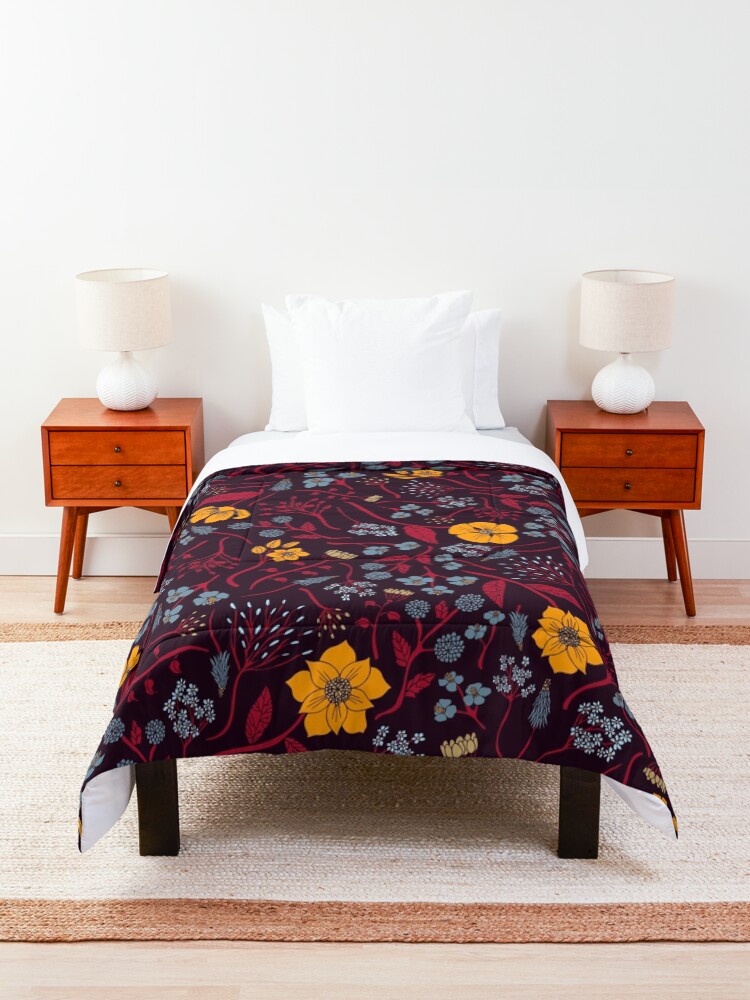 Alternate view of Mustard Yellow, Burgundy & Blue Floral Pattern Comforter