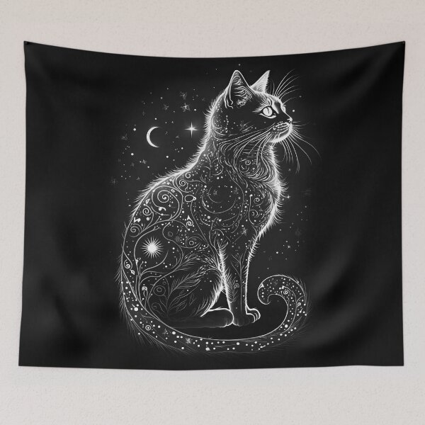 Item preview, Black Celestial Magical Cat Ink Tattoo Drawing designed and sold by Wishinglob.