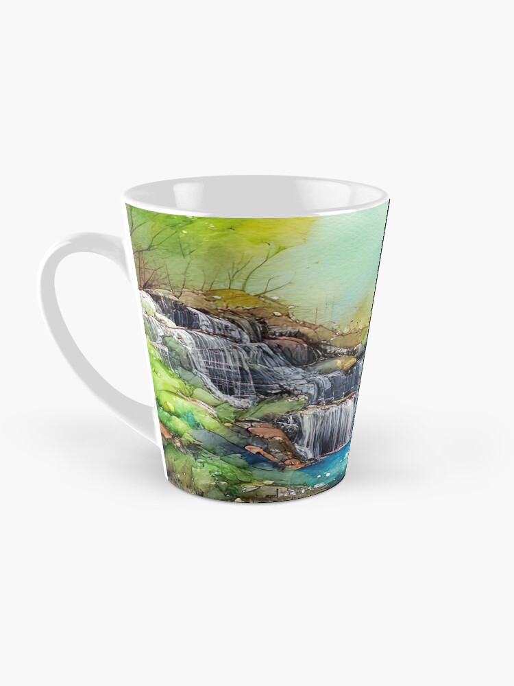 Thumbnail 3 von 4, Kaffeebecher, Wasserfall in farbenprächtigem Wald designt und verkauft von CydraArt.
