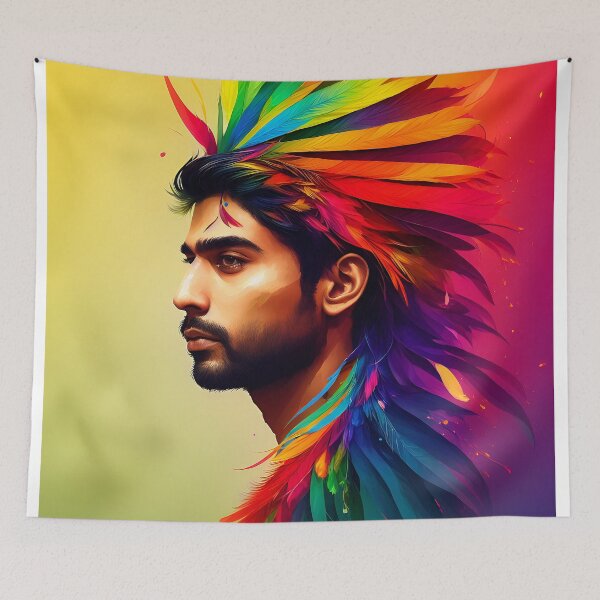 Item preview, LGBT Art, Indian Male, Man, Rainbow Feathers, Digital Art designed and sold by Mark Harrop.