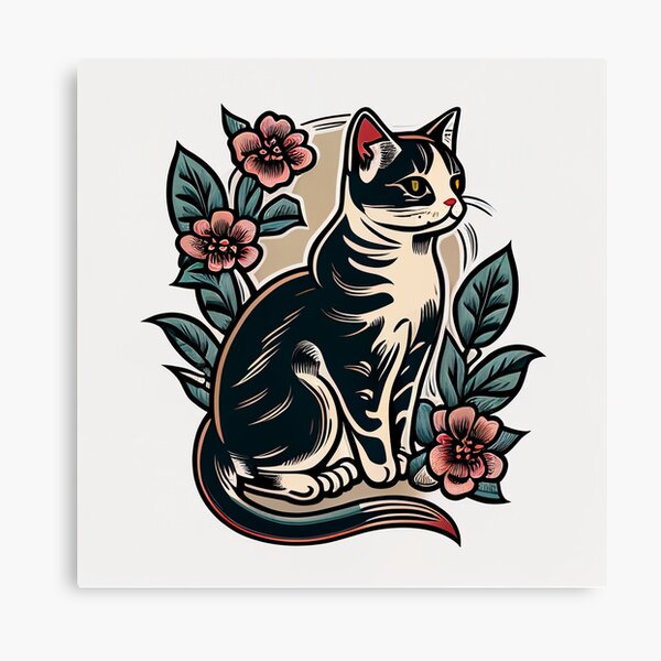 American Traditional Cat Tattoo 1" Canvas Print for Sale by heyhannaleah