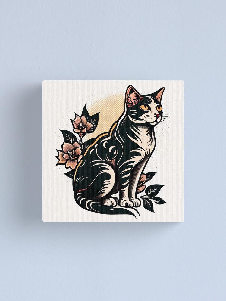 American Traditional Cat Tattoo 2" Canvas Print for Sale by heyhannaleah