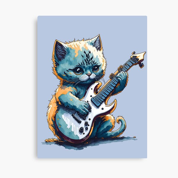 Poster for Sale avec l'œuvre « Jeu de mots de chat cool pour les musiciens  - meowsician - musicien de jazz, chat jouant de la guitare électrique à  l'aquarelle » de l'artiste