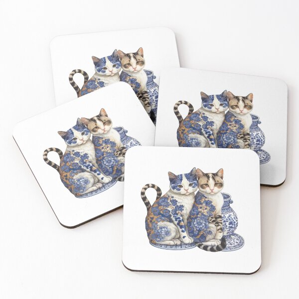 Item preview, Pair of Kitties that love Blue China Patterns #2  Super Cute   designed and sold by Kalligraphika.