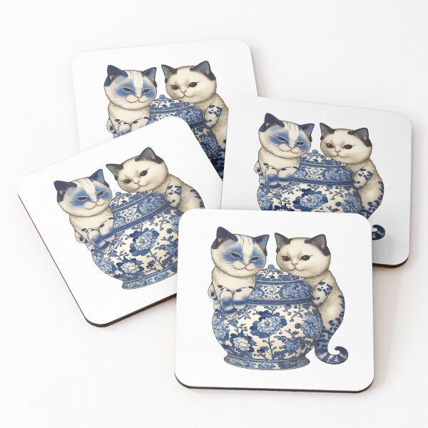 Item preview, Pair of Kitties that love Blue China Patterns #3  Super Cute   designed and sold by Kalligraphika.