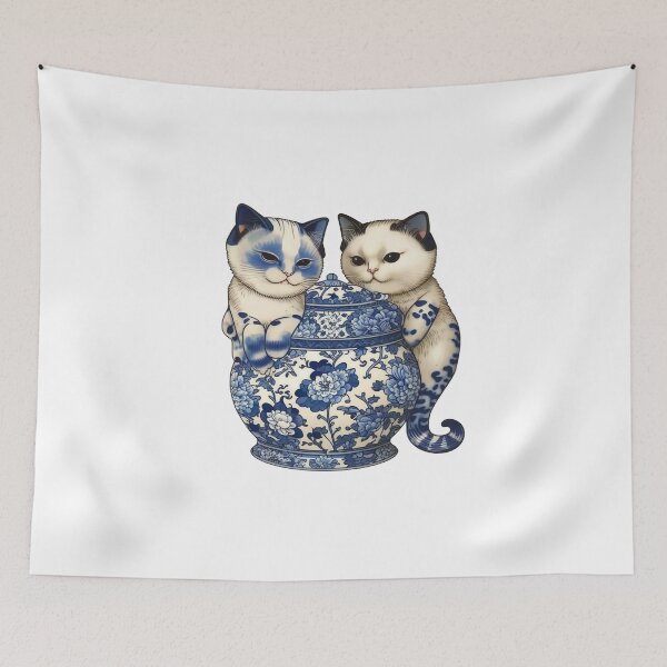 Item preview, Pair of Kitties that love Blue China Patterns #3  Super Cute   designed and sold by Kalligraphika.