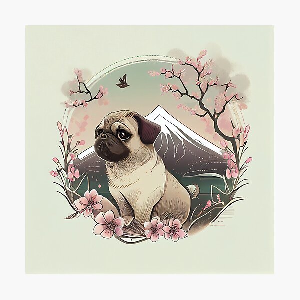 Item preview, Baby Pug with Sakura and Mountain in Japanese Art Style designed and sold by chosh2000.