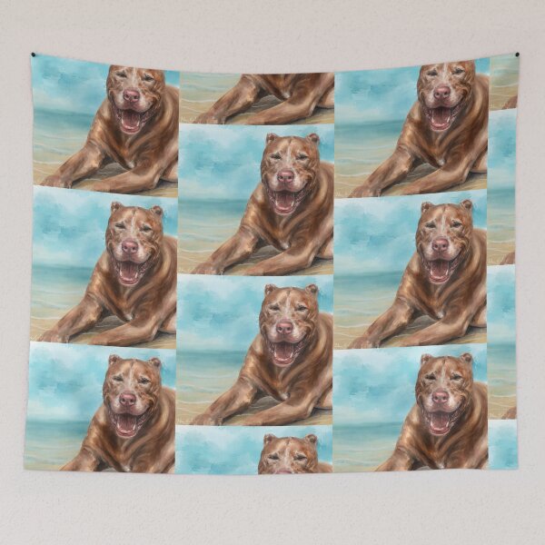 Item preview, A Painting of a Red Nose Pit Bull Smiling and Basking in the Sun on the Beach designed and sold by ibadishi.