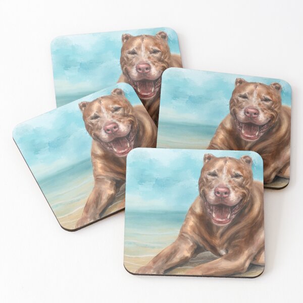 Item preview, A Painting of a Red Nose Pit Bull Smiling and Basking in the Sun on the Beach designed and sold by ibadishi.
