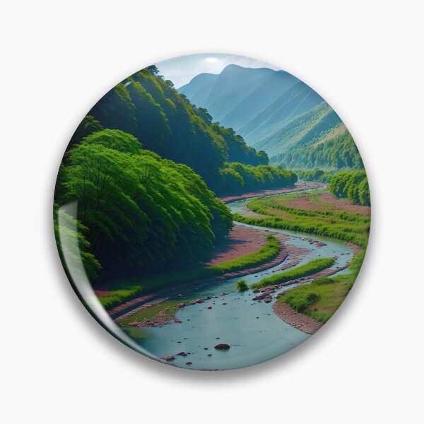Artikelvorschau, Ein ruhiger Fluss, der sich durch ein malerisches Tal schlängelt, mit sanften Hügeln und lebendigem Laub Ai generierte Kunst entworfen und verkauft von AiGens.