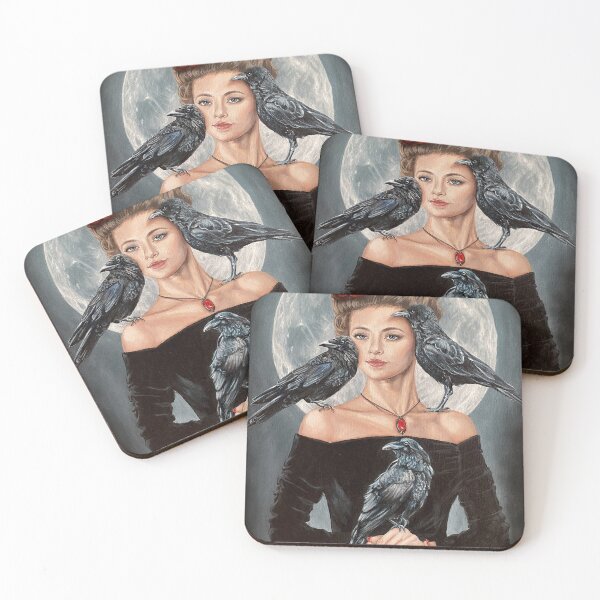 Item preview, Sinistra - Portrait of a Witchy Woman Holding Three Crows in Front of a Full Moon designed and sold by EmilyDewsnap.