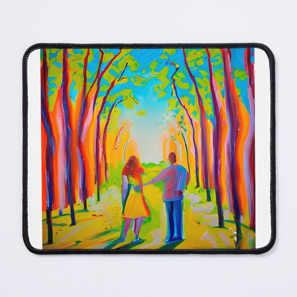 Item preview, A colourful painting of a romantic couple on a tree-lined lane on a sunny day in autumn designed and sold by AndrewMaddenArt.