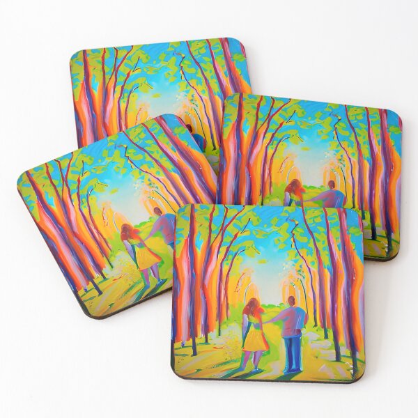 Item preview, A colourful painting of a romantic couple on a tree-lined lane on a sunny day in autumn designed and sold by AndrewMaddenArt.