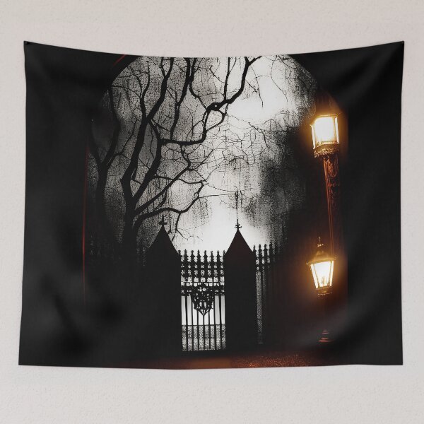 Item preview, gothic courtyard gateway at night designed and sold by kbgraphicimages.