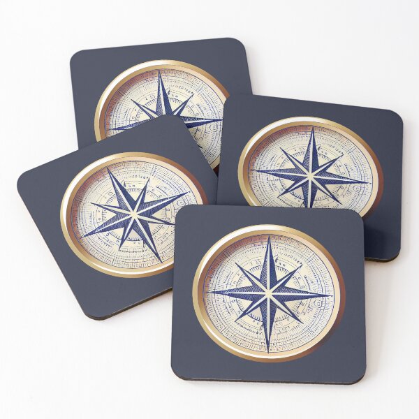 Item preview, Simple nautical compass rose pen drawing ~ Navy blue and gold on blue designed and sold by oceanys.