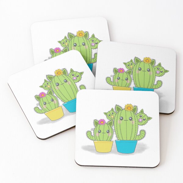 Item preview, Single parent catcus family with flowers in turquoise and lemon yellow pots  designed and sold by QuirkyCatz.