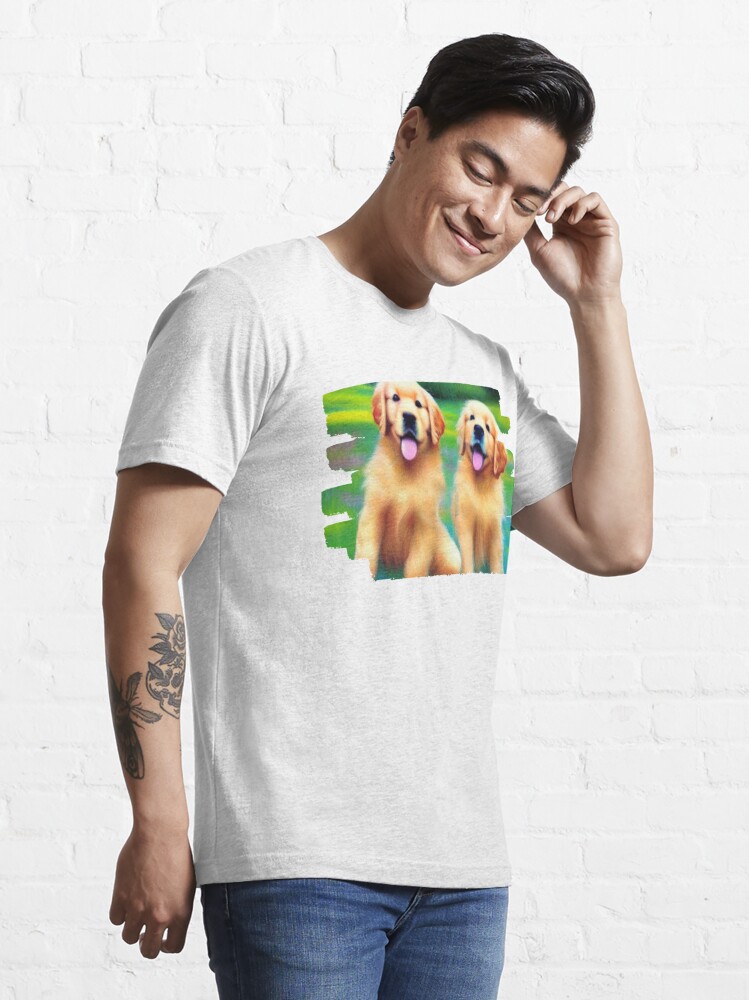 Disover Two of a Kind - A Beautiful Watercolor Portrait of Two Beloved Golden Retriever Companions Created by AI - brushstroke frame | Essential T-Shirt 