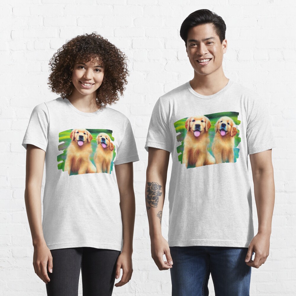 Discover Two of a Kind - A Beautiful Watercolor Portrait of Two Beloved Golden Retriever Companions Created by AI - brushstroke frame | Essential T-Shirt 