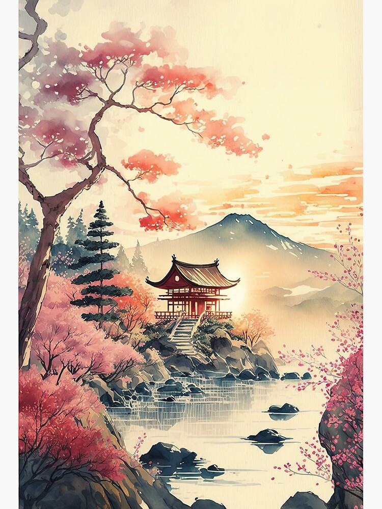 Pagoda and Cherry Blossoms - Beautiful Japanese Watercolor Landscape | Art  Board Print