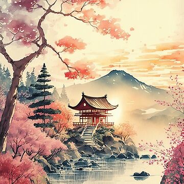 Image of the Traditional Japanese Watercolor Painting Art Featuring Cherry  Blossoms,pagoda,bridge,bamboo and Serene Landscape. Stock Illustration -  Illustration of abstract, oriental: 279178351
