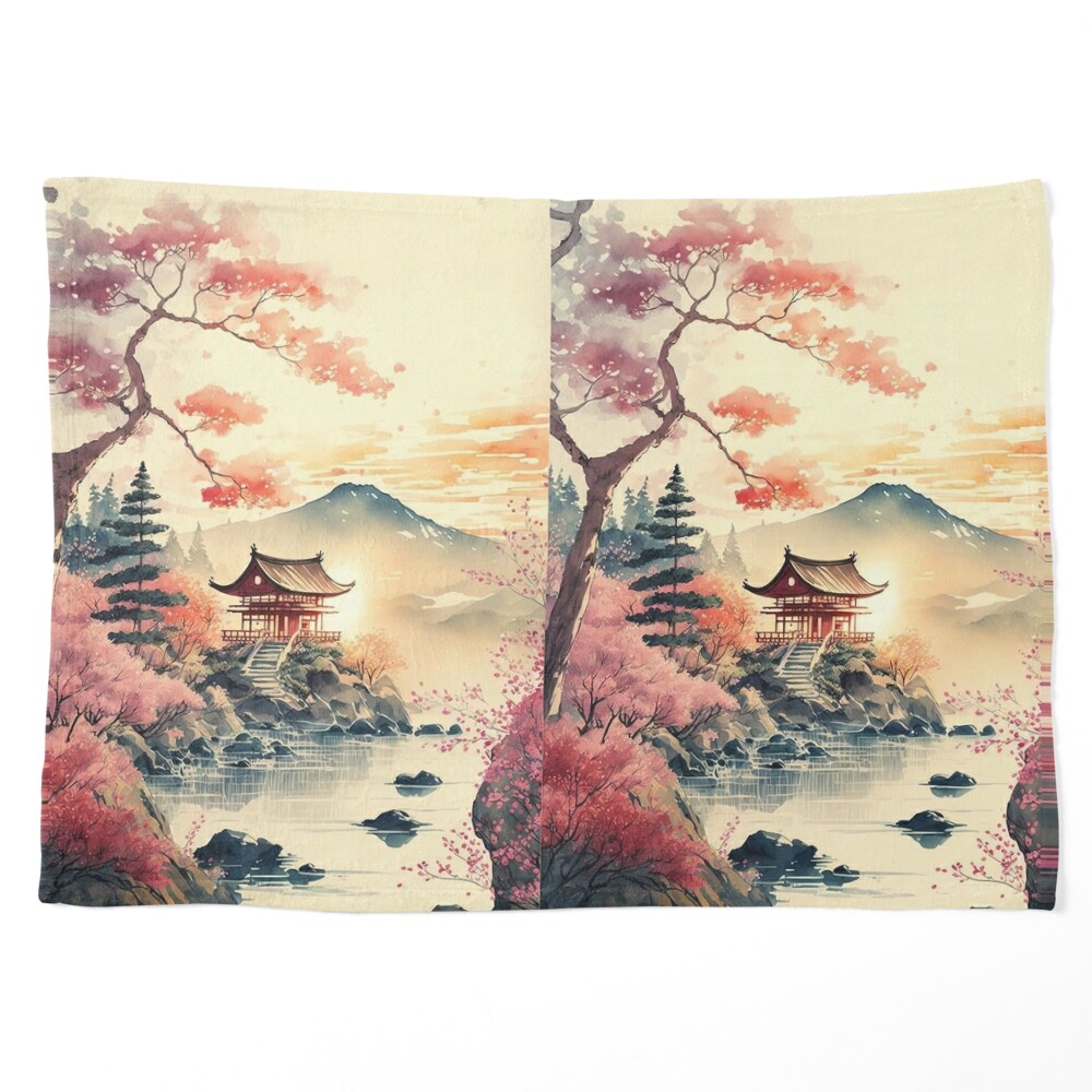 Pagoda and Cherry Blossoms - Beautiful Japanese Watercolor Landscape | Art  Board Print