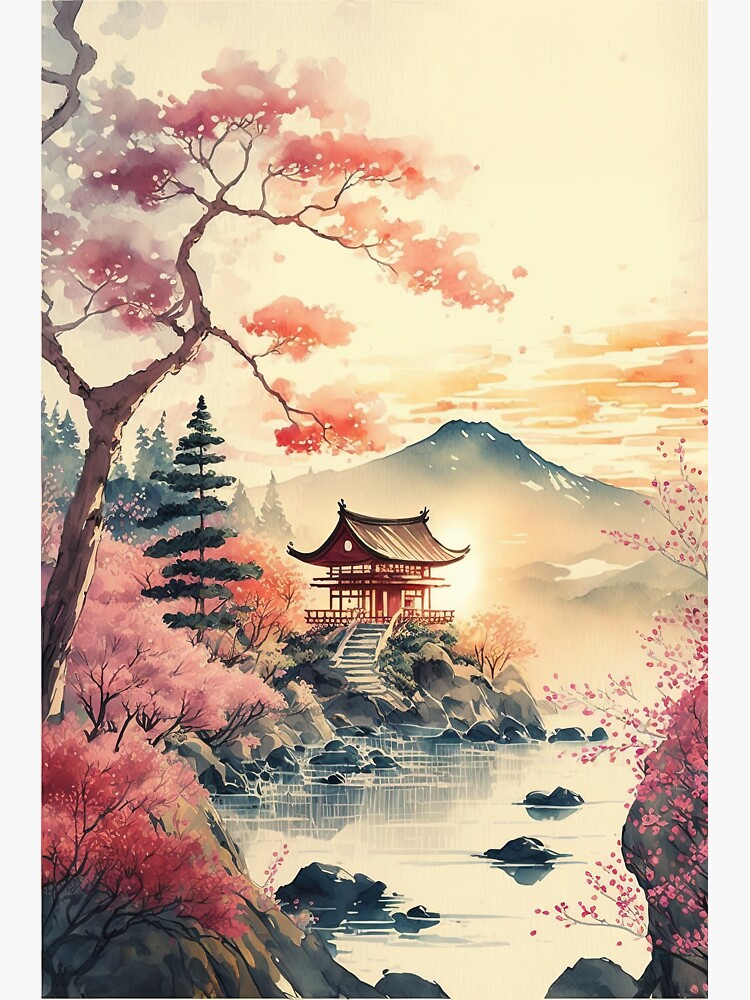 SAKURA SNOW - JAPAN PAGODA TEMPLE ASIA CHERRY BLOSSOM PINK FLOWERS -  WATERCOLOUR