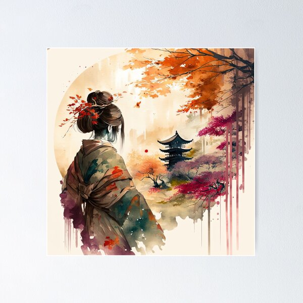 Item preview, Geisha and Pagoda - Beautiful Japanese Watercolor Landscape designed and sold by TeaTime Creatives.