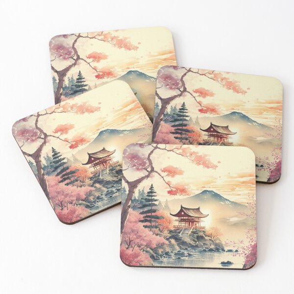 Item preview, Pagoda and Cherry Blossoms - Beautiful Japanese Watercolor Landscape designed and sold by TeaTime Creatives.
