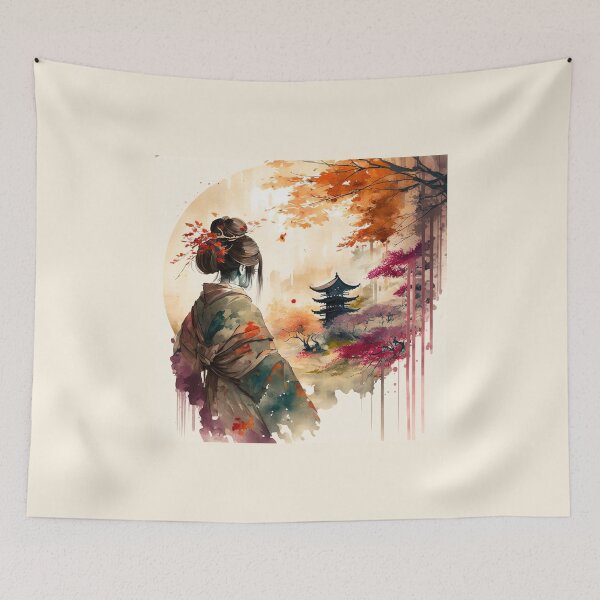 Item preview, Geisha and Pagoda - Beautiful Japanese Watercolor Landscape designed and sold by TeaTime Creatives.