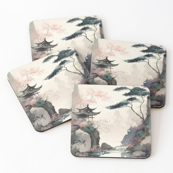 Item preview, Pagoda and Lake - Beautiful Japanese Watercolor Landscape designed and sold by TeaTime Creatives.