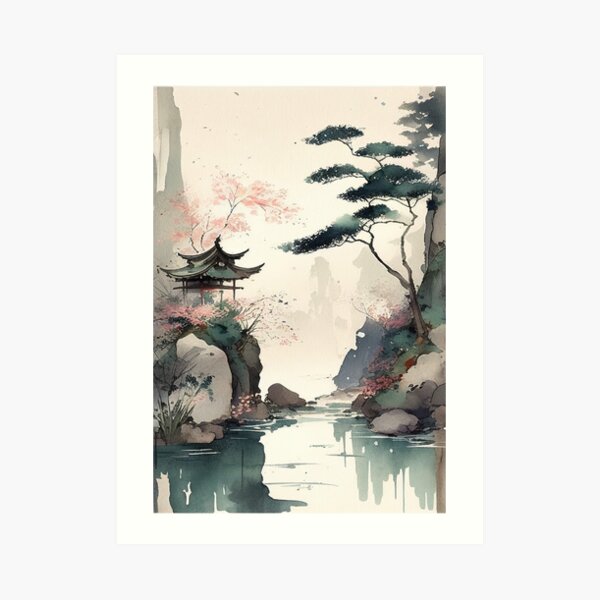 Japan traditional sumi-e painting. Bird and sakura. Mountain landscape Art  Print for Sale by Hato Momo