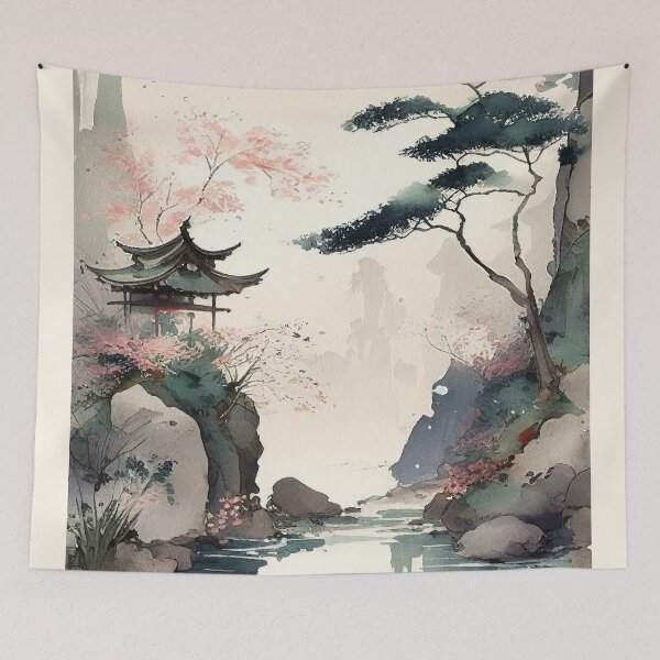 Item preview, Pagoda and Lake - Beautiful Japanese Watercolor Landscape designed and sold by TeaTime Creatives.