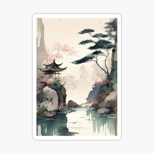 Item preview, Pagoda and Lake - Beautiful Japanese Watercolor Landscape designed and sold by TeaTime Creatives.