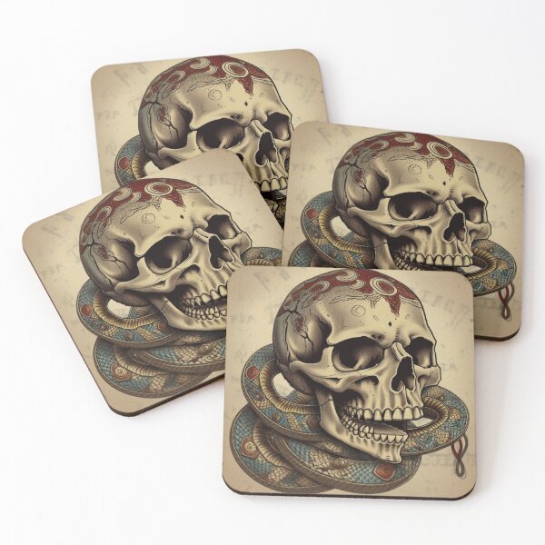 Artikelvorschau, American Traditional Tattoo Art: Totenkopf mit Schlangendesign und Rosen entworfen und verkauft von MerikDigital.