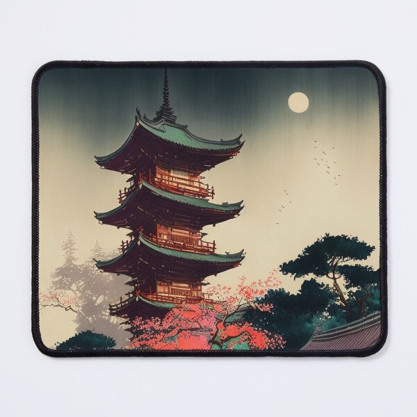 Item preview, Temple with Full Moon - Beautiful Japanese Watercolor Landscape designed and sold by TeaTime Creatives.
