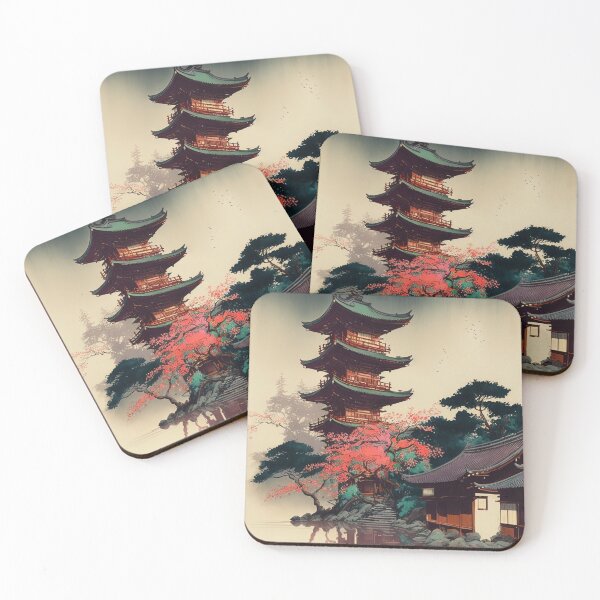 Item preview, Temple with Full Moon - Beautiful Japanese Watercolor Landscape designed and sold by TeaTime Creatives.