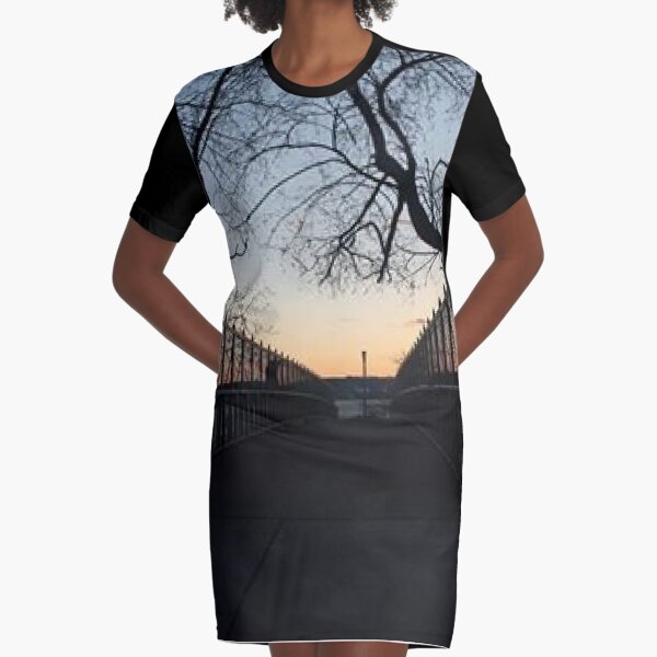 Evening, sunset, evening dawn, footbridge, tree branches, sky Graphic T-Shirt Dress