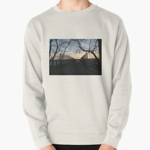 Evening, sunset, evening dawn, footbridge, tree branches, sky Pullover Sweatshirt