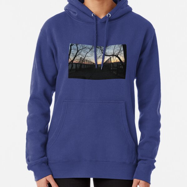 Evening, sunset, evening dawn, footbridge, tree branches, sky Pullover Hoodie
