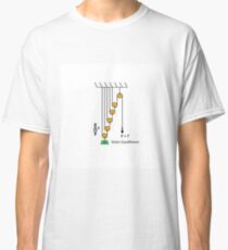 Physics problem. Statics. Find the force acting on the free end of the rope, which keeps the system of pulleys, ropes and the load  in balance Classic T-Shirt