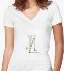 Physics problem. Statics. Find the force acting on the free end of the rope, which keeps the system of pulleys, ropes and the load  in balance Women's Fitted V-Neck T-Shirt