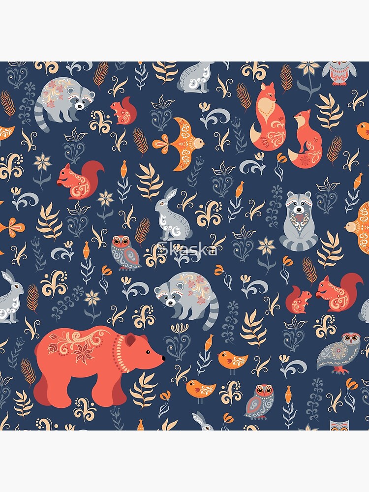 Fairy-tale forest. Fox, bear, raccoon, owls, rabbits, flowers and herbs on a blue background. by Skaska