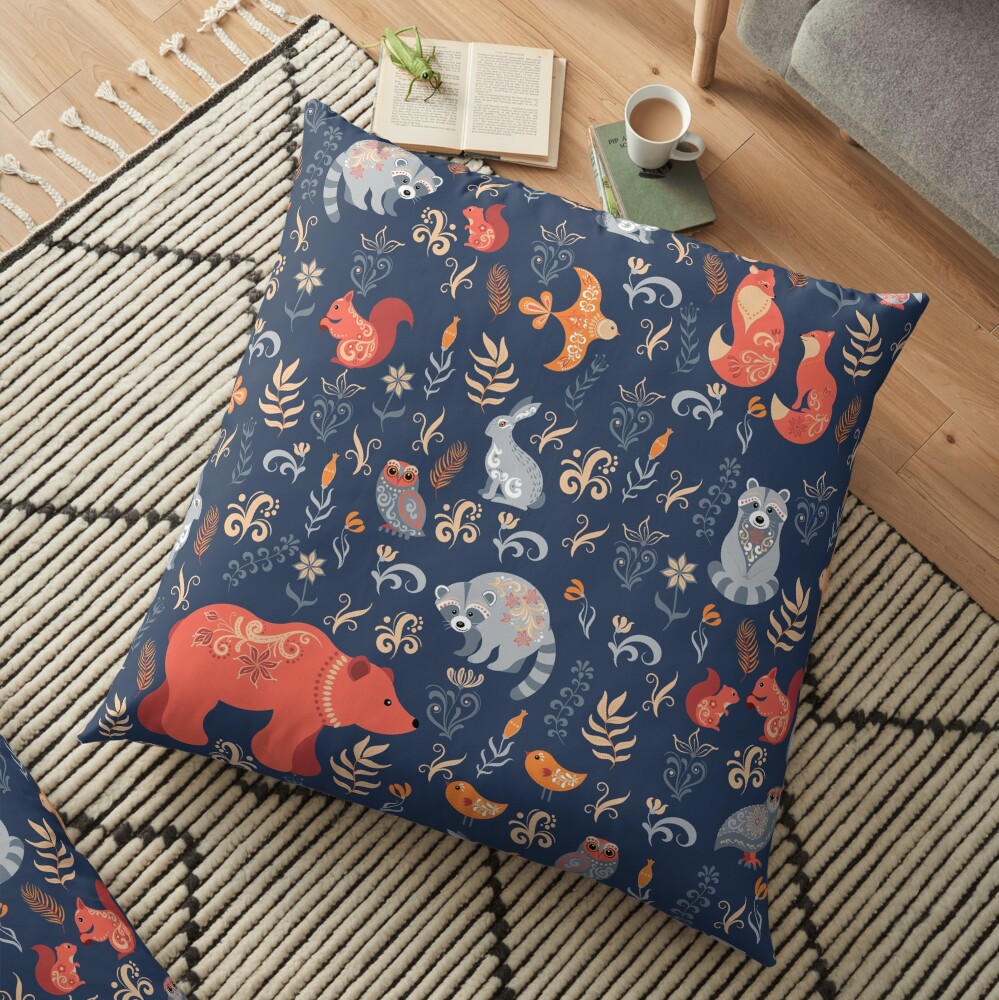 Fairy-tale forest. Fox, bear, raccoon, owls, rabbits, flowers and herbs on a blue background. Floor Pillow